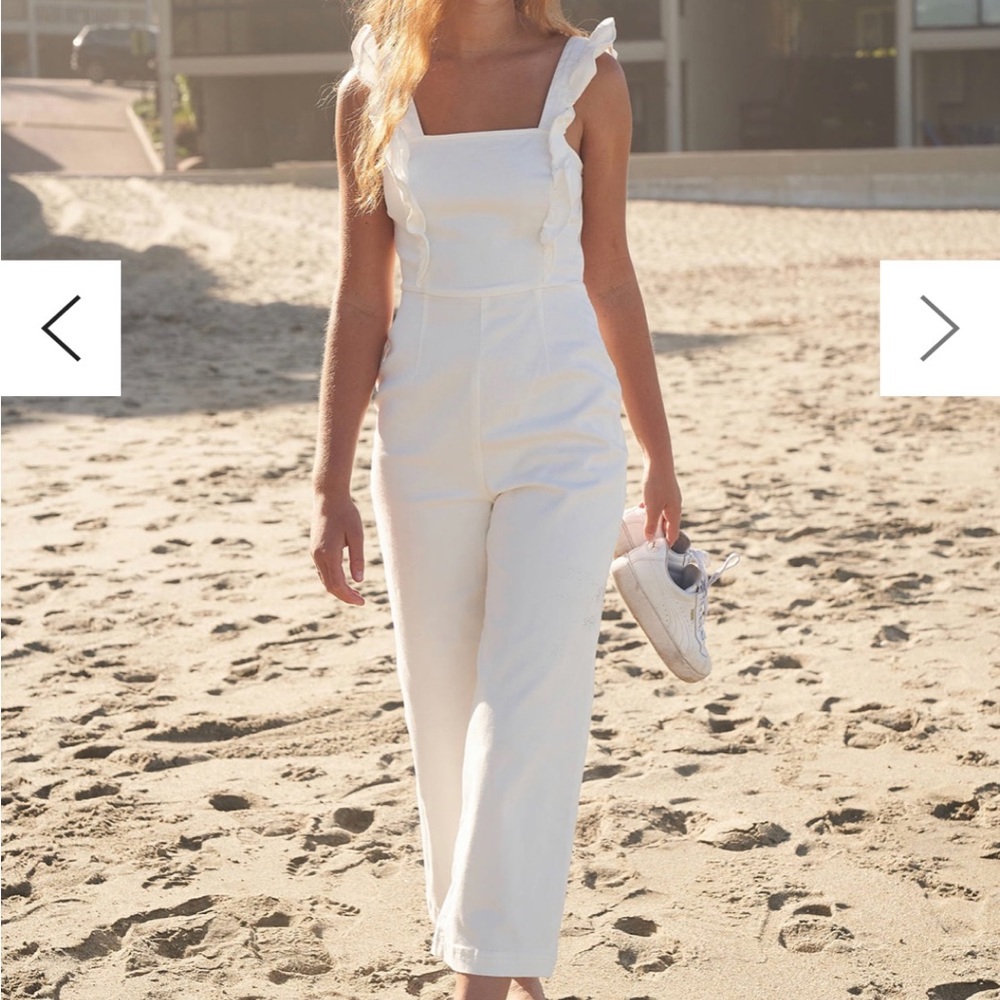 White Denim UO Ruffle Shoulder Jumpsuit